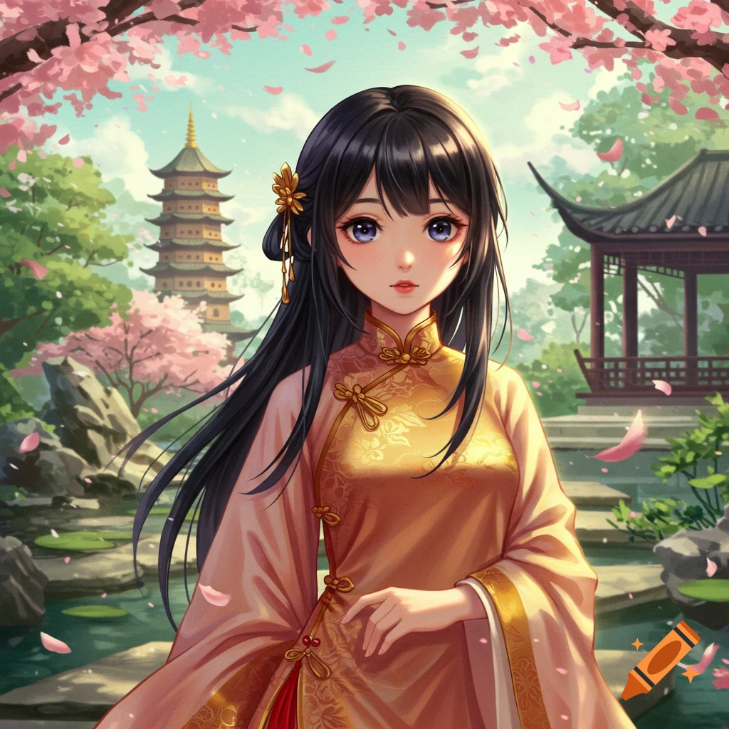 Anime girl in traditional Chinese attire standing in a vibrant garden with cherry blossoms and a pagoda.