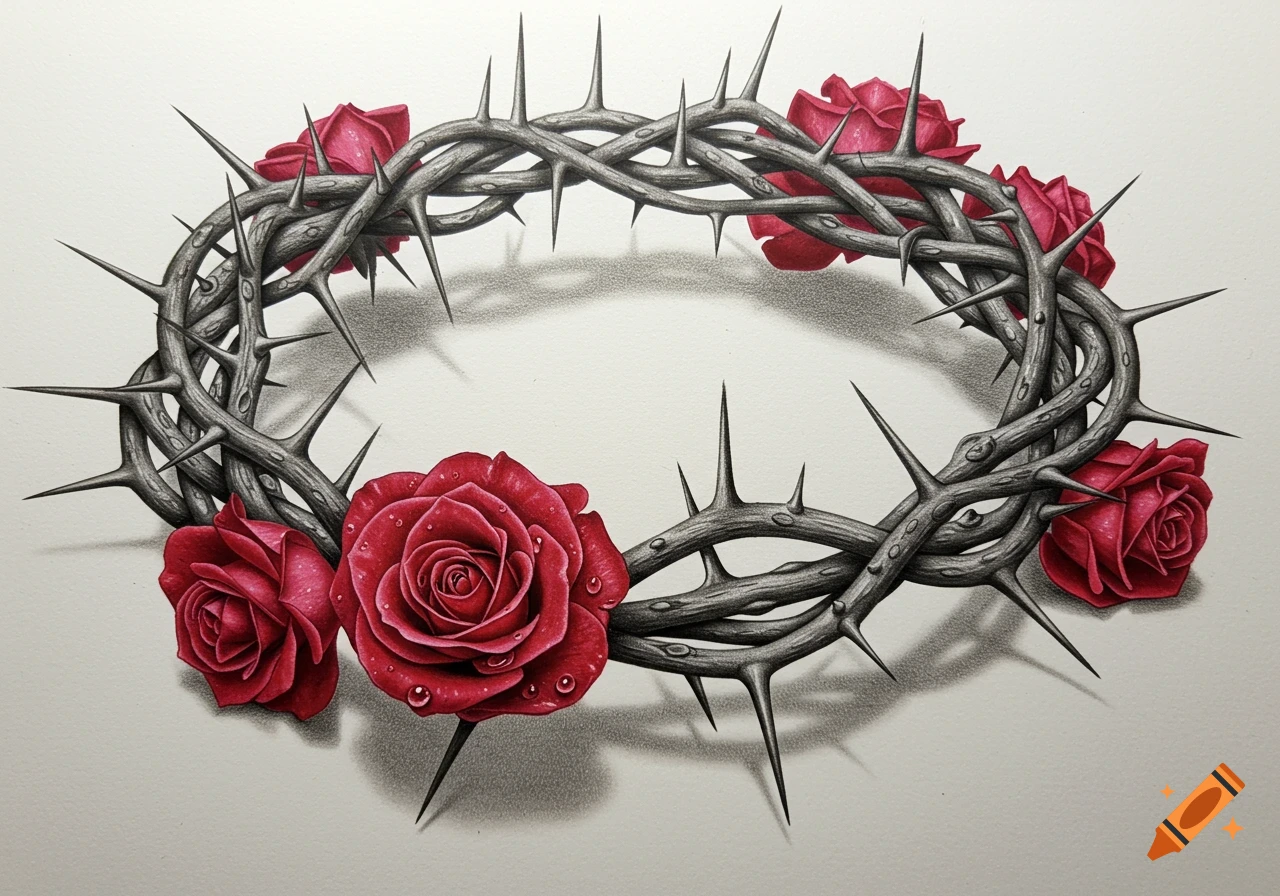 Hand-drawn illustration of a crown of thorns with vibrant red roses and water droplets woven into it.