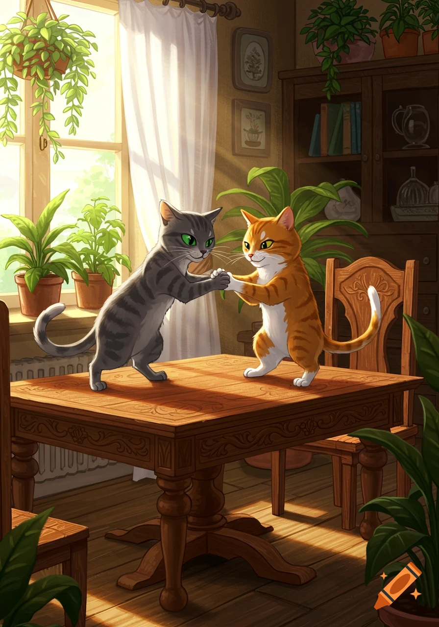 A grey tabby cat and an orange tabby cat playfully hold paws on a wooden table in a sunlit room filled with green houseplants.