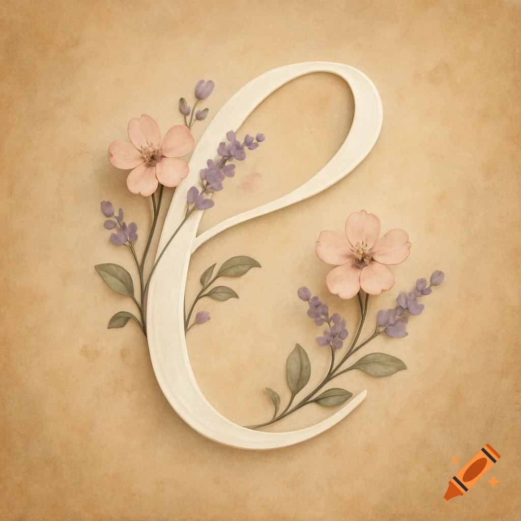 A gracefully stylized letter 'e' adorned with delicate pink and purple flowers on a textured beige background.