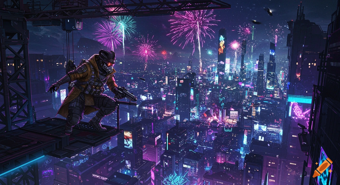 Octane from Apex Legends perched on a crane, overlooking a vibrant neon ...
