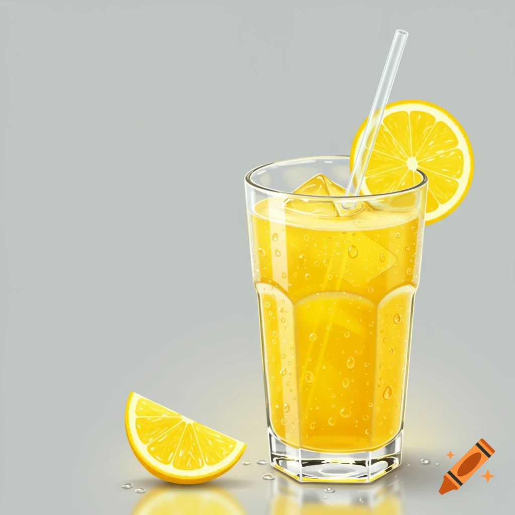 Glass of yellow lemonade with ice, a straw, and lemon slices, on a reflective grey surface with water droplets.