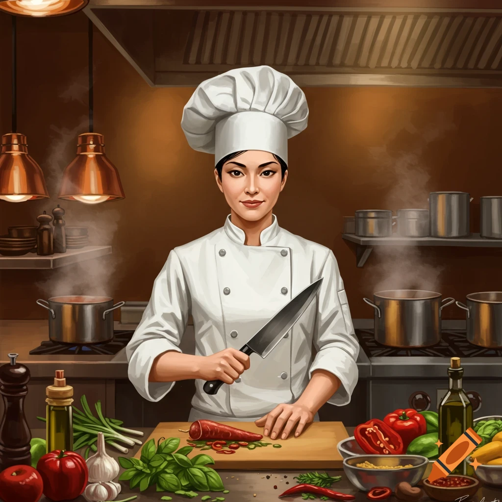 An illustration of a female chef in a white uniform with a chef's hat, holding a knife and chopping vegetables in a busy kitchen.