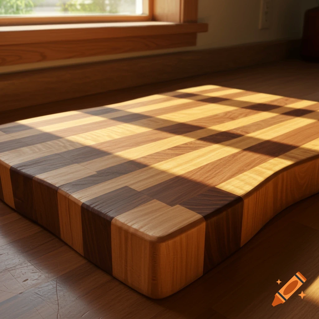 A wooden cutting board crafted from alternating light maple and dark walnut wood strips, featuring a distinct wavy edge, illuminated by sunlight.
