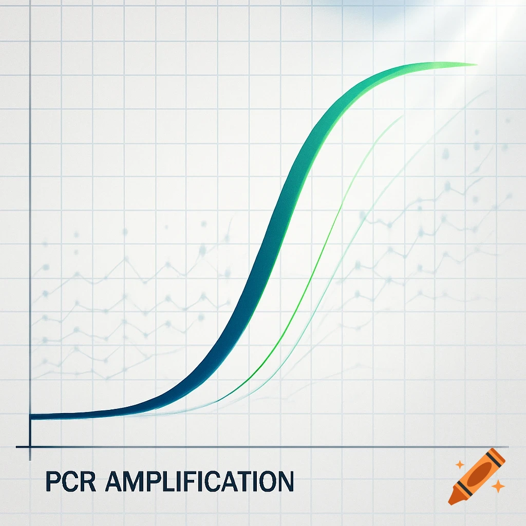 A scientific graph depicting PCR amplification, with a thick S-shaped green and blue curve on a grid background.
