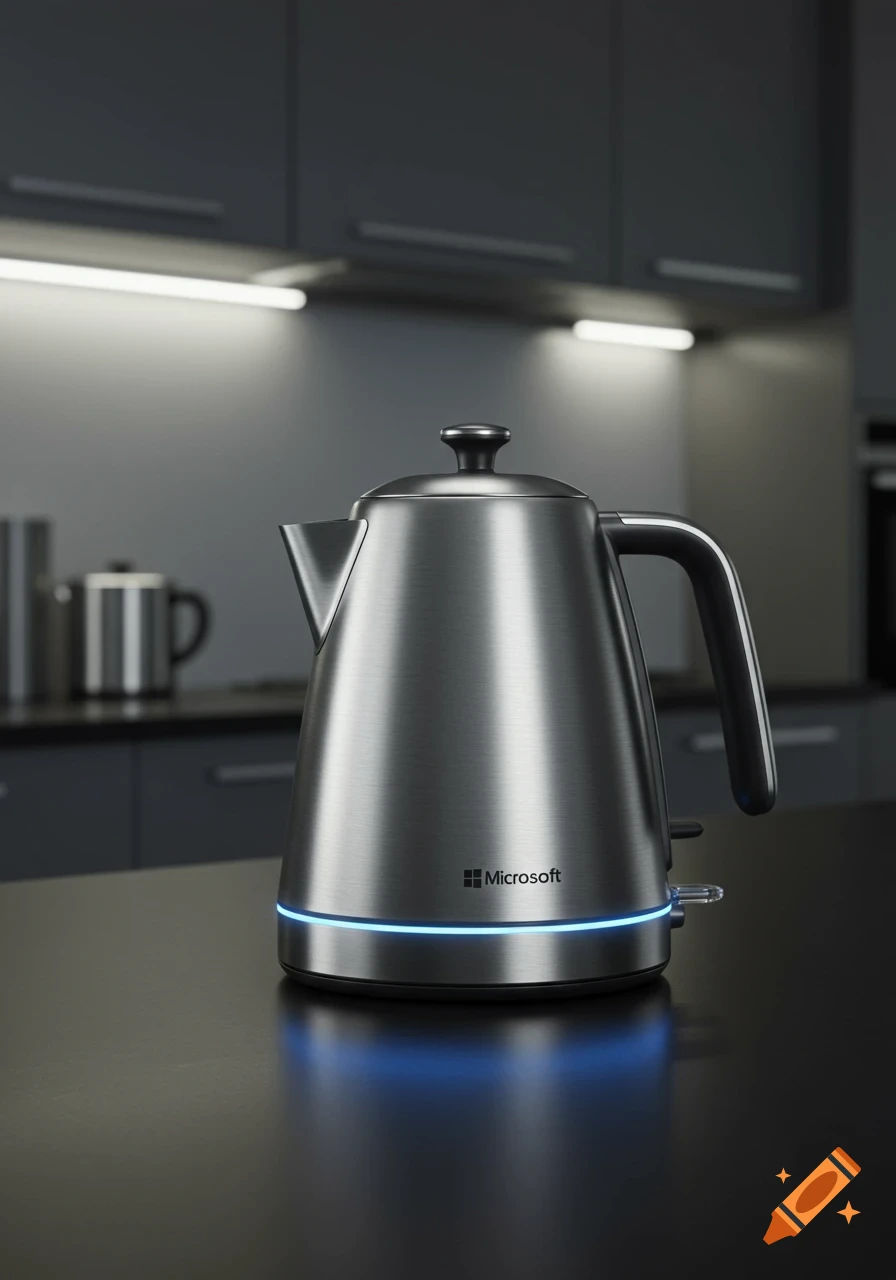 A sleek, brushed metal kettle with a glowing blue base and Microsoft logo, stands on a dark countertop in a modern kitchen.