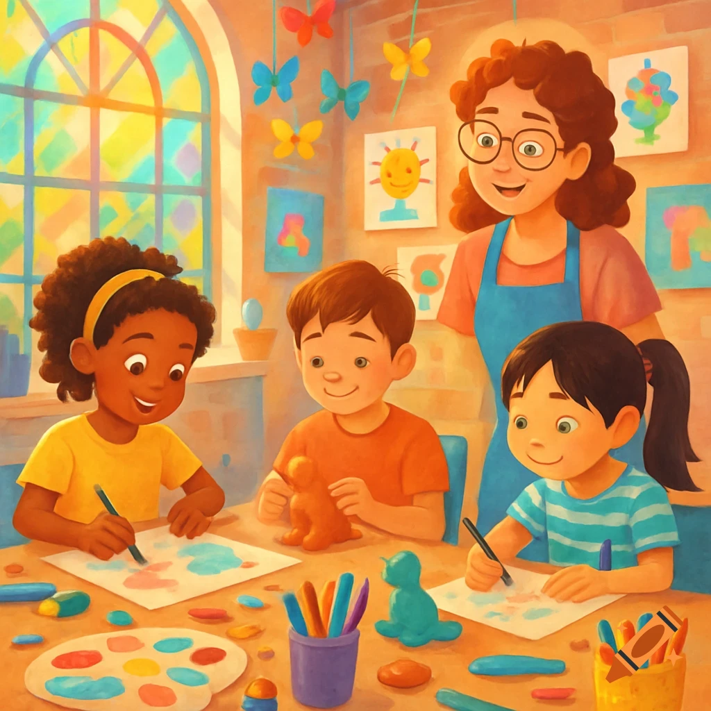 A teacher and three children draw and sculpt with colorful clay in a bright art classroom, depicted in a whimsical illustration style.