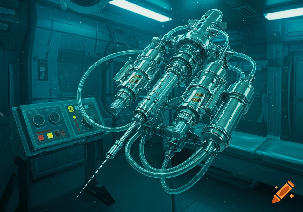 A futuristic alien hypodermic device with multiple transparent barrels, tubes, a sharp needle, and a control panel in a teal-lit room.
