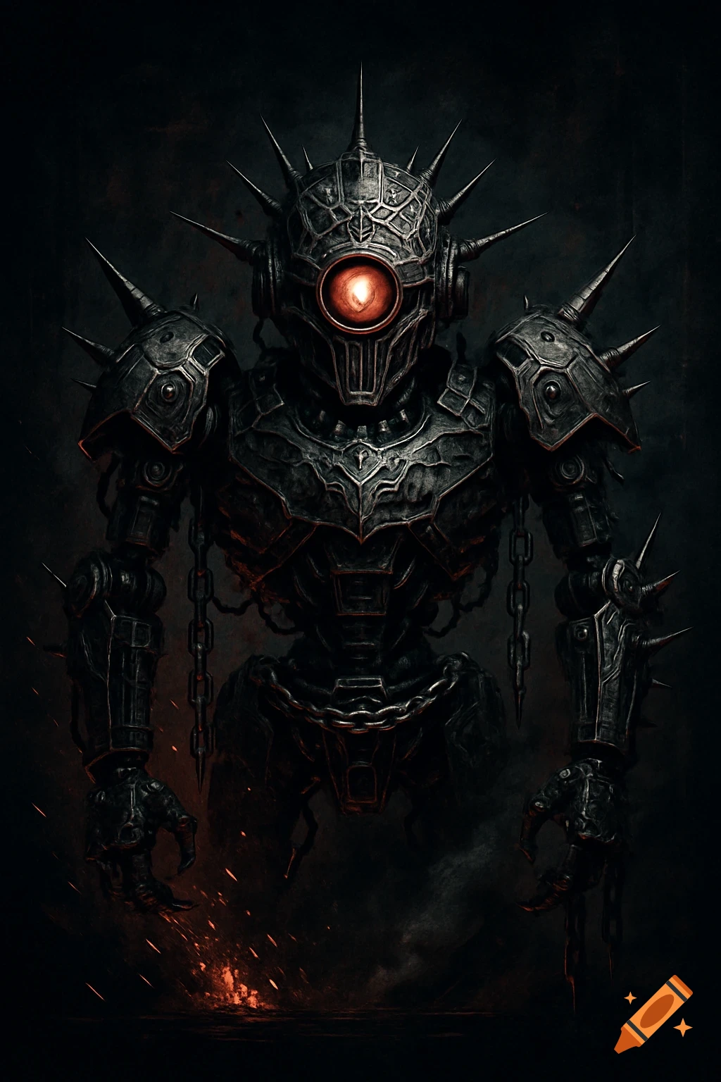 A menacing, dark gothic punk robot with a single glowing red eye, covered in spikes and chains, with sparks at its base.