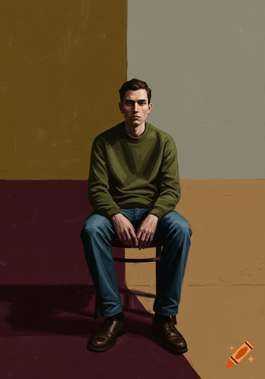 A contemplative man in an olive green sweater and blue jeans sits on a simple chair against a minimalist, color-blocked background in a contemporary expressionist painting.