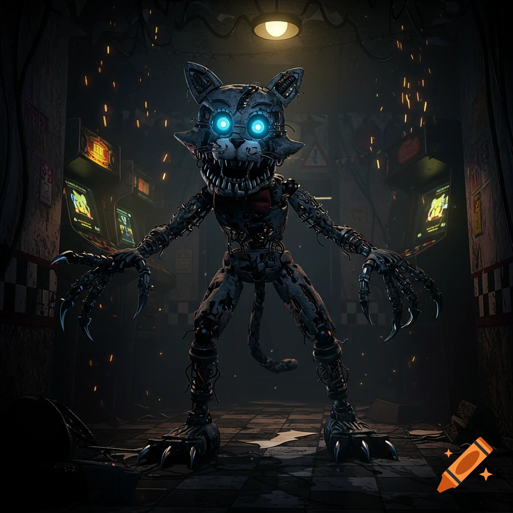 A scary, photorealistic animatronic cat with glowing blue eyes, sharp teeth, and long claws stands in a dark, abandoned arcade.