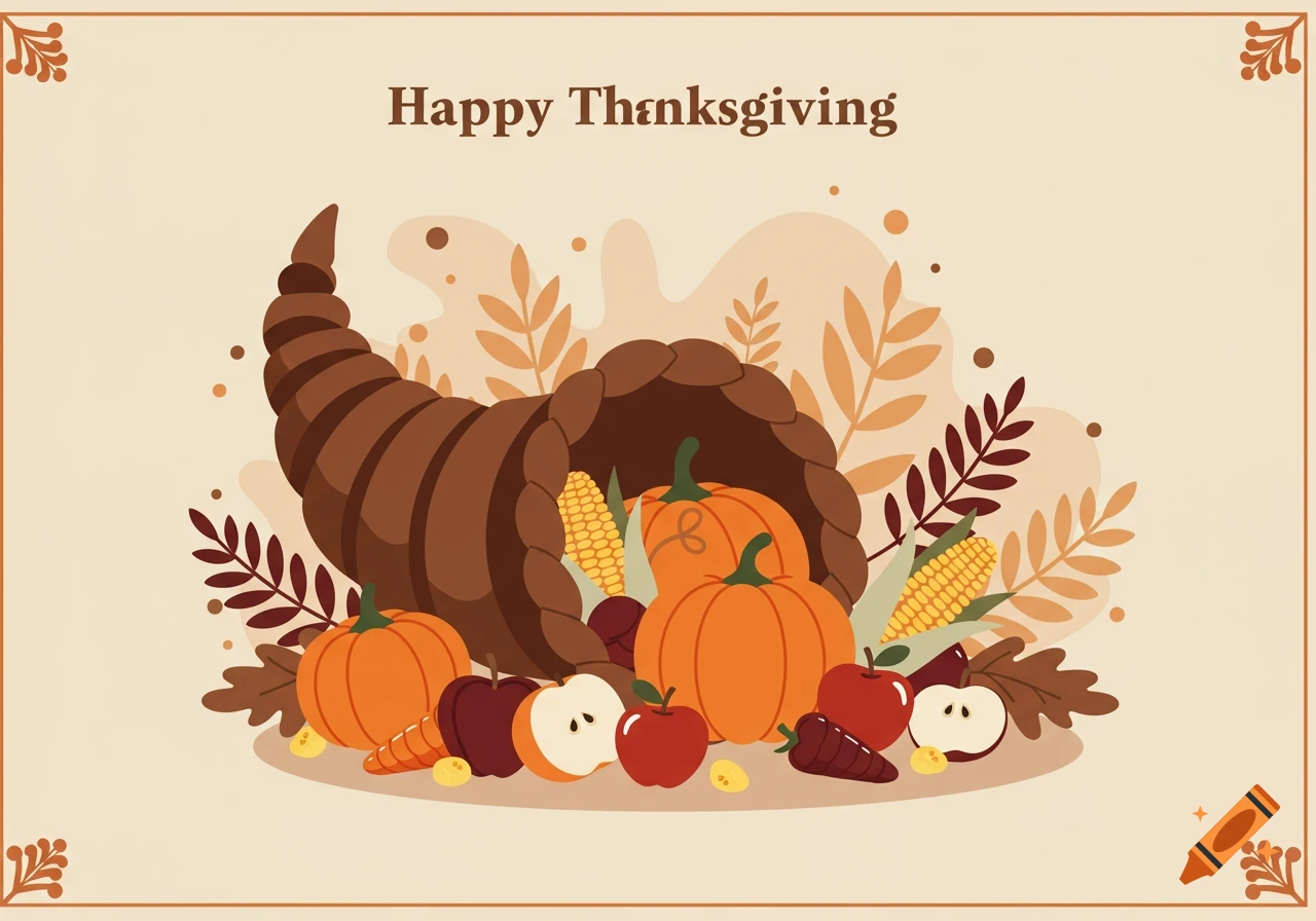 An illustration of a cornucopia overflowing with pumpkins, corn, apples, and carrots, with 'Happy Thanksgiving' text.