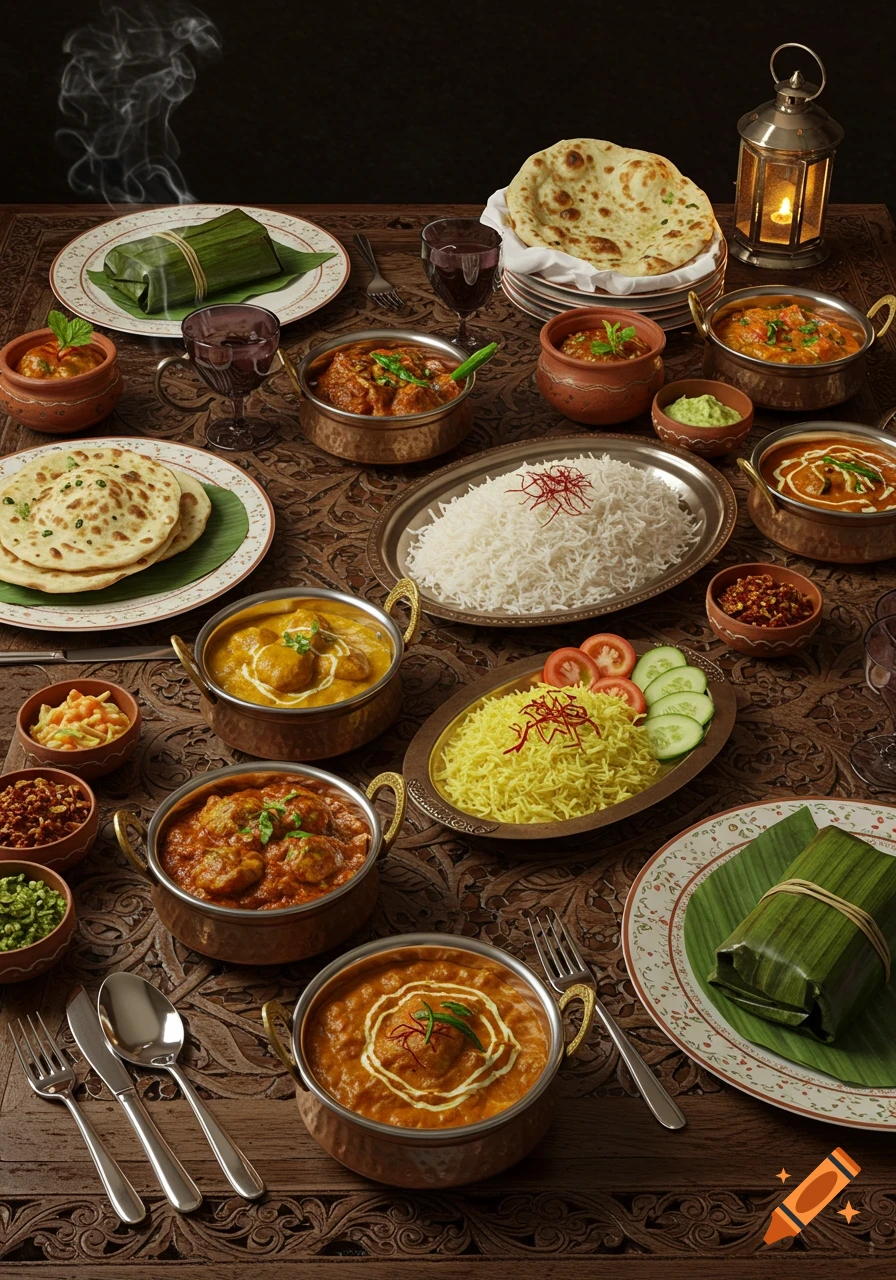 A rich, photorealistic spread of various Indian dishes including curries in brass bowls, basmati rice, yellow pilaf, naan bread, and spices on an ornate wooden table, with steam rising.