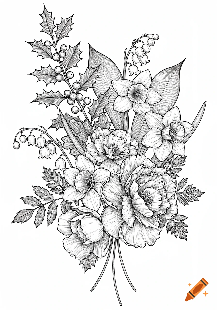 A detailed black fineline drawing of a floral bouquet featuring holly, lily of the valley, daffodils, and peonies.