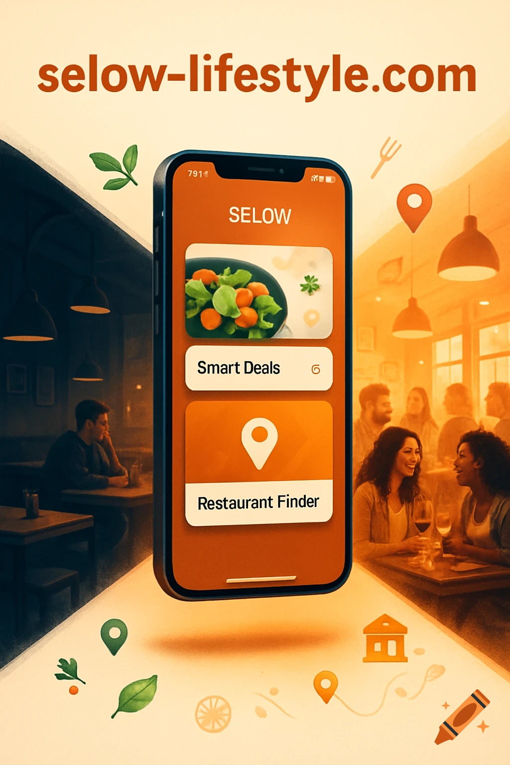 A modern smartphone featuring the 'Selow' app with 'Smart Deals' and 'Restaurant Finder' screens, glowing over a divided restaurant scene showing both a lonely customer and happy, diverse patrons.