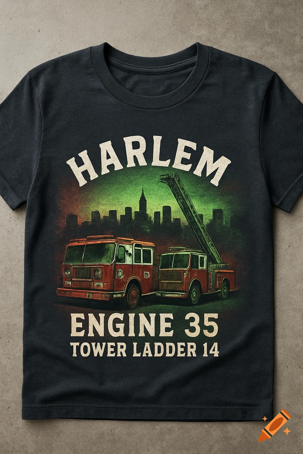 A dark t-shirt with a vintage-style print featuring two red fire trucks in front of a green-lit Harlem skyline, with text 'HARLEM ENGINE 35 TOWER LADDER 14'.