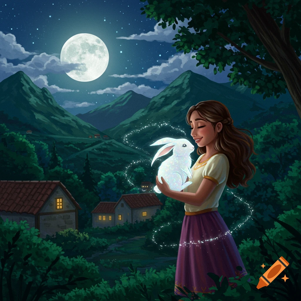A young woman holds a glowing white rabbit under a bright full moon, with mountains and a village in the background, in a whimsical art style.
