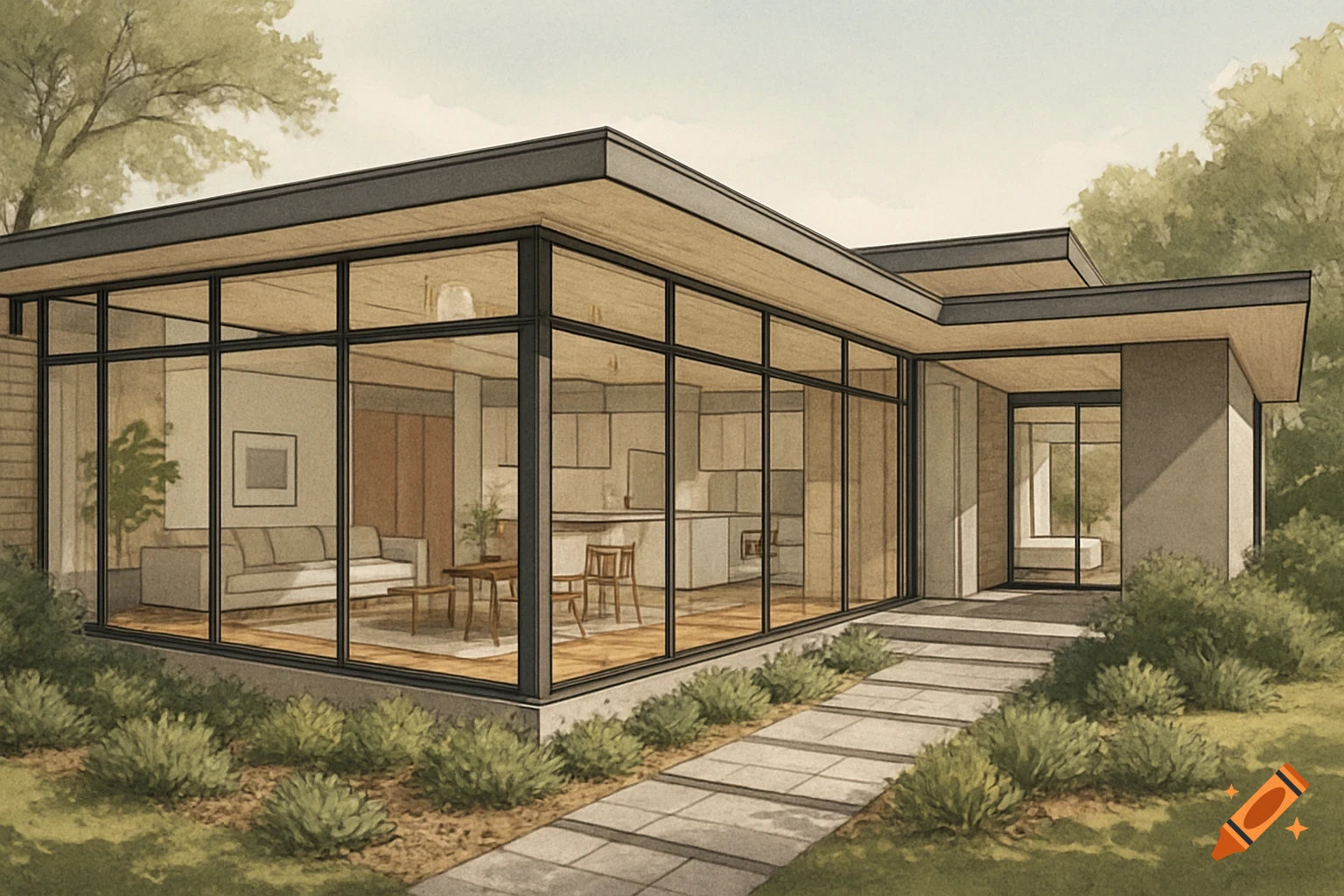 A modern house with extensive glass walls, a flat roof, and a geometric design, set amidst green shrubs and trees, depicted in a watercolor style.