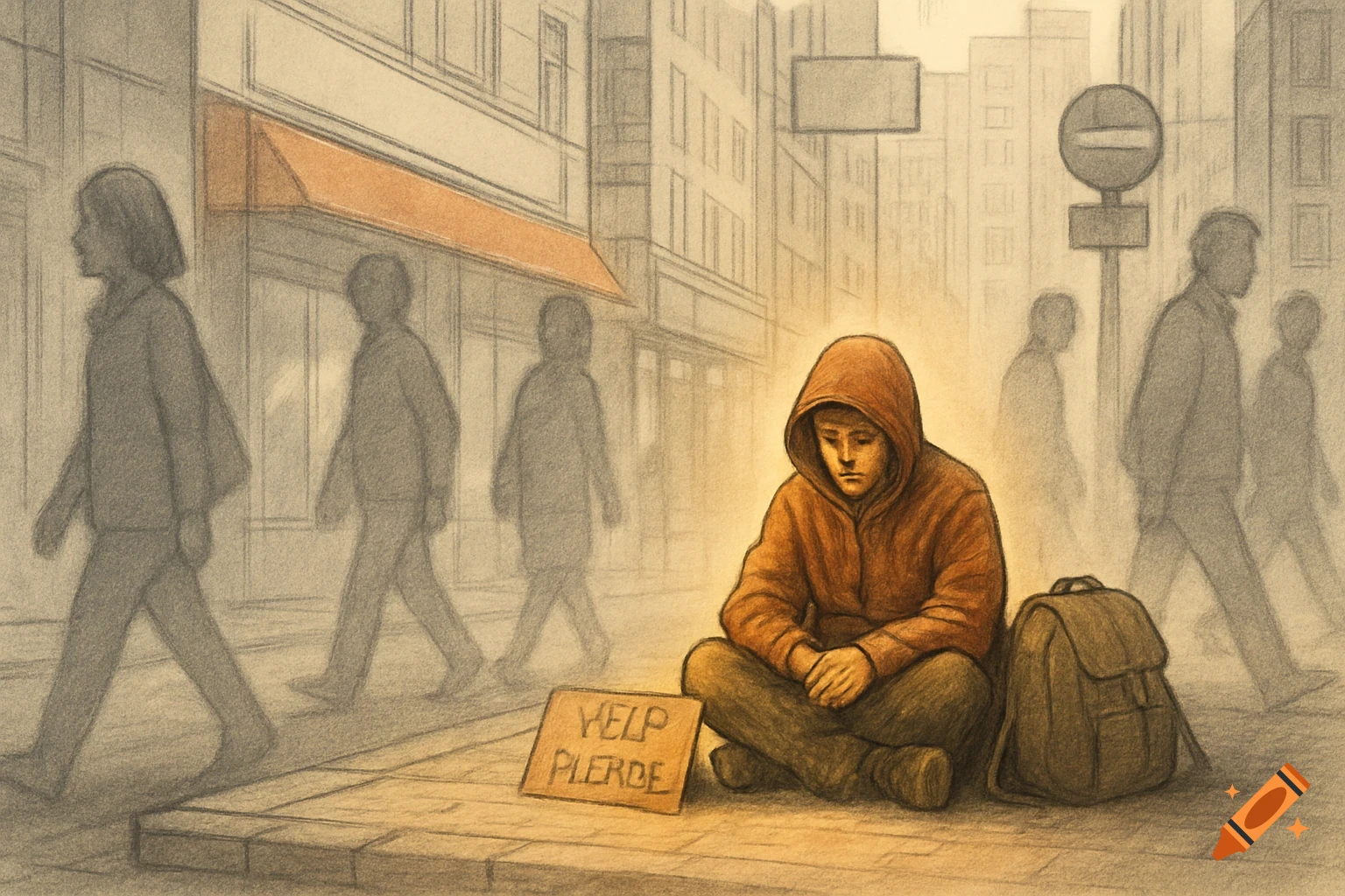 Pencil sketch of a person in a hoodie sitting on a city sidewalk with a 'HELP PLERDE' sign and backpack, blurry pedestrians pass.