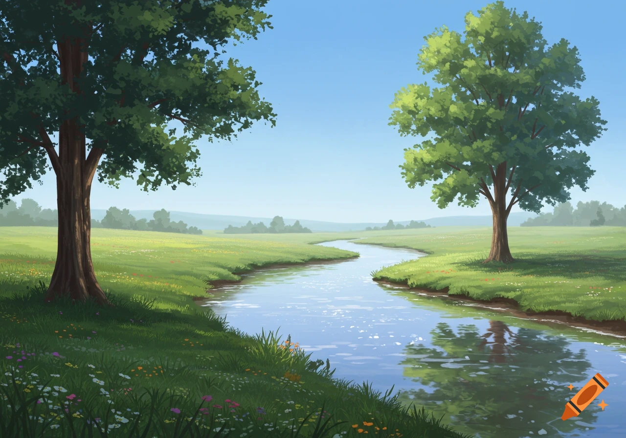 A vibrant painting of a winding river flowing through a green meadow ...