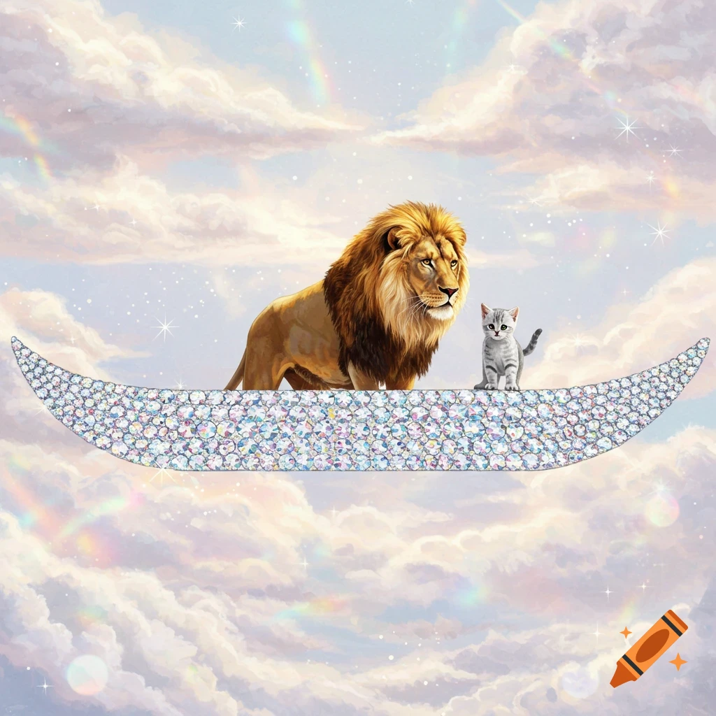 A lion and a kitten stand on a sparkling diamond crescent in a pastel sky with clouds, rainbows, and stars.