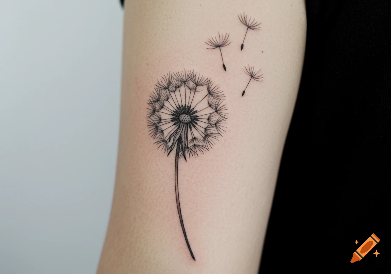 A minimalist black outline tattoo of a dandelion and three detached seeds on a person's upper arm.