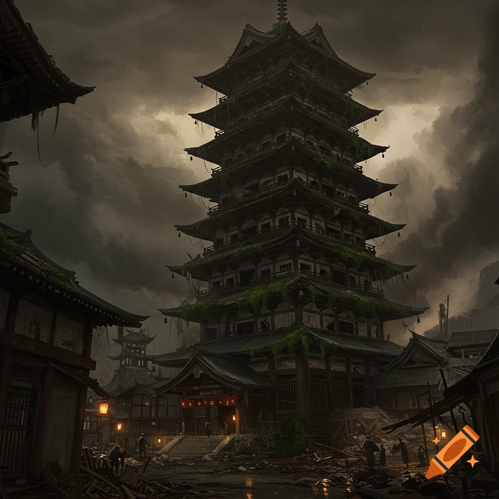 A dark, moody illustration of an overgrown, multi-story pagoda towering over a dilapidated Japanese town during a storm.