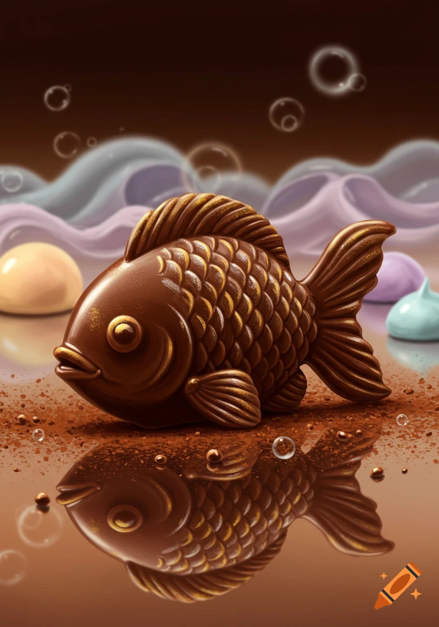 A close-up illustration of a detailed chocolate fish with gold accents, resting on a brown surface with powder, reflected below.