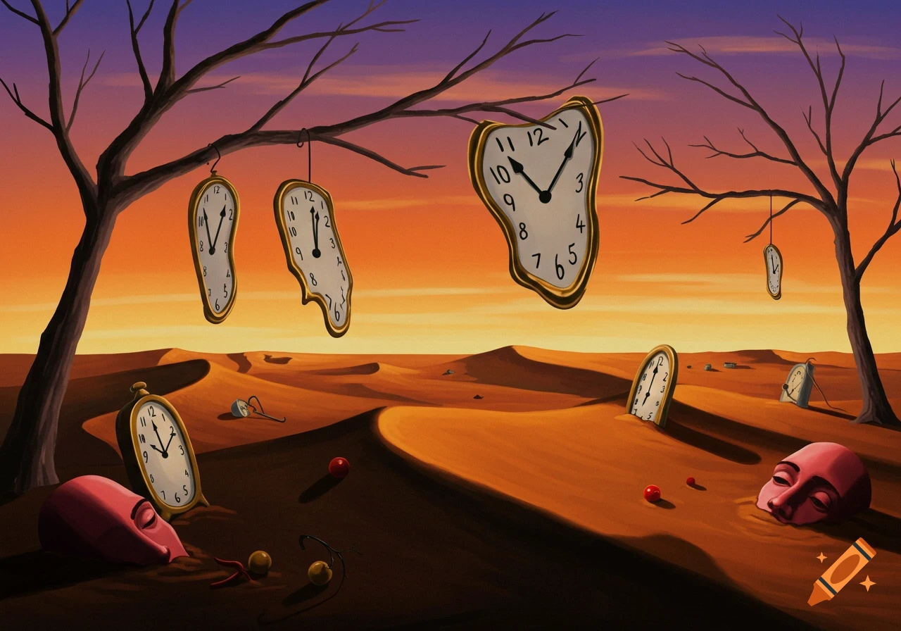 Surreal desert landscape with melting clocks on trees and dunes, and ...