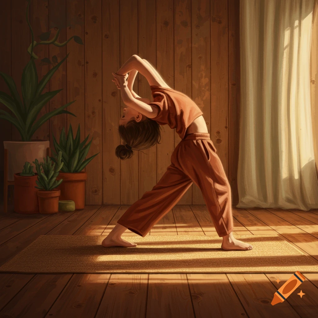 A drawn illustration of a child in a backbend yoga pose on a mat in a sunlit room with wooden walls and plants.