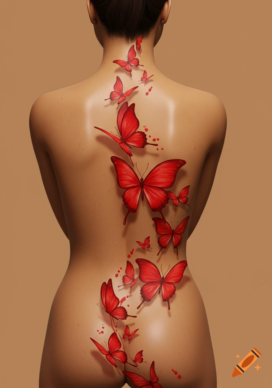 A woman's bare back with a flowing red butterfly tattoo, moving from the lower back upwards.