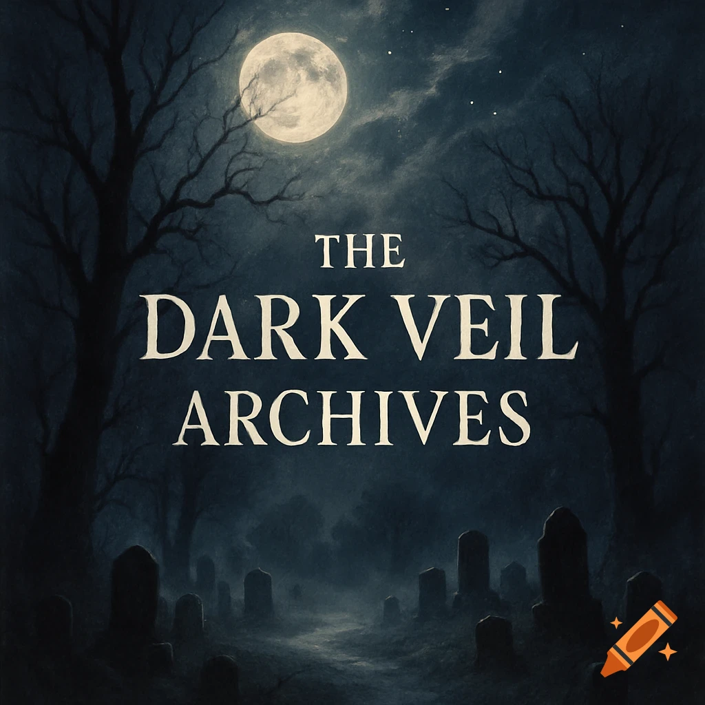 A full moon illuminates a spooky cemetery at night with bare trees and tombstones. Text reads "THE DARK VEIL ARCHIVES".