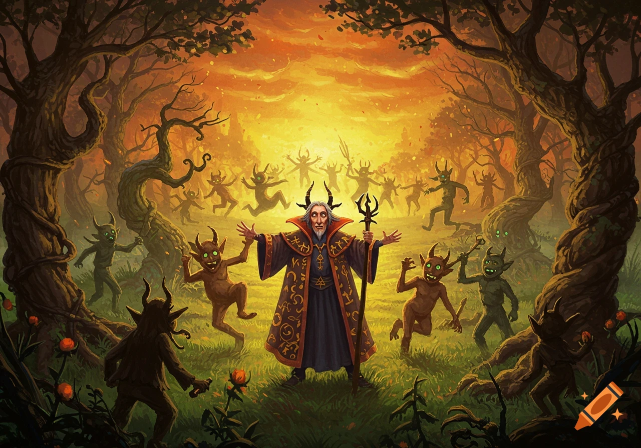 A wizard with a trident stands surrounded by green-eyed imps in a dark forest with an orange, fiery sky, digital fantasy art.