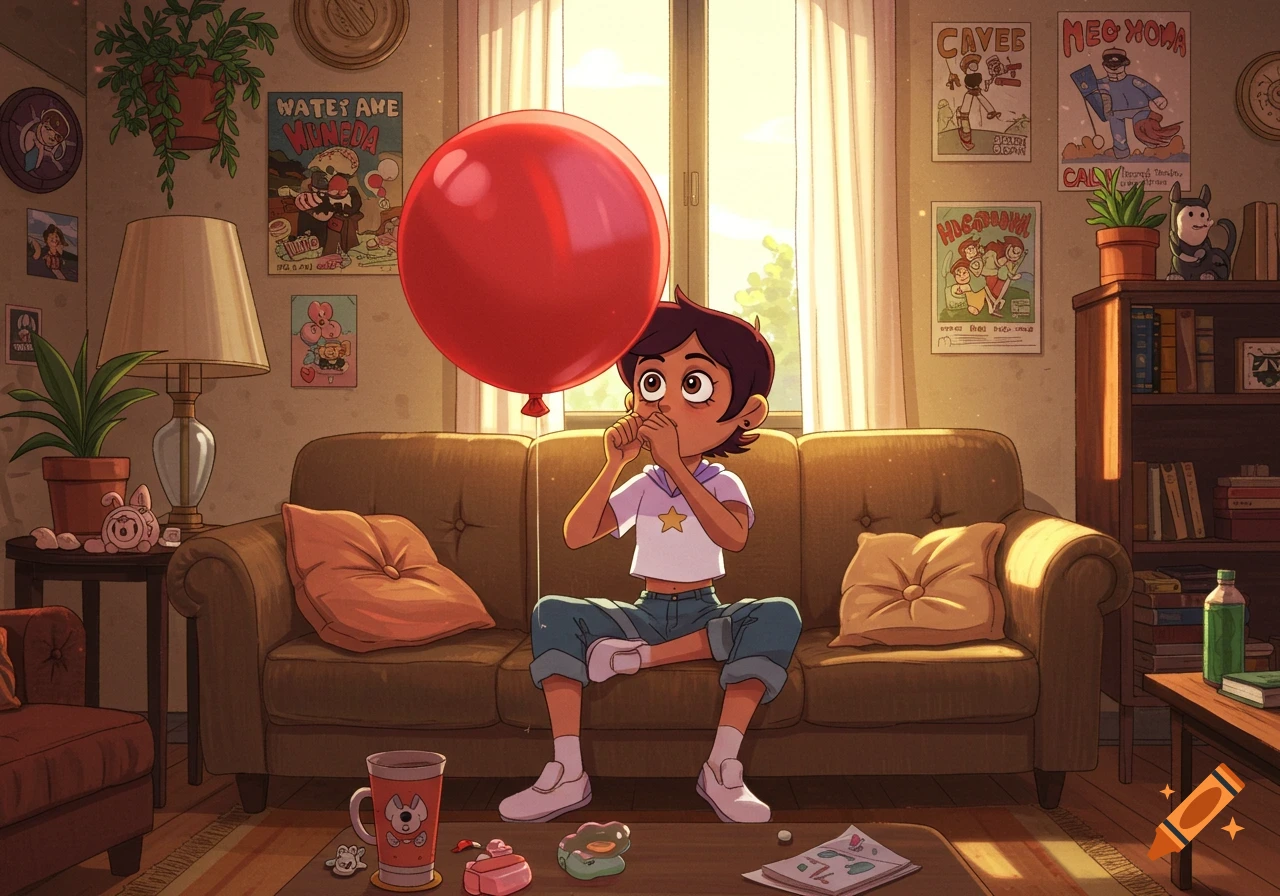 Luz Noceda sits on a brown couch in a sunlit living room, holding a large red balloon to her mouth as if blowing it up. Anime style.