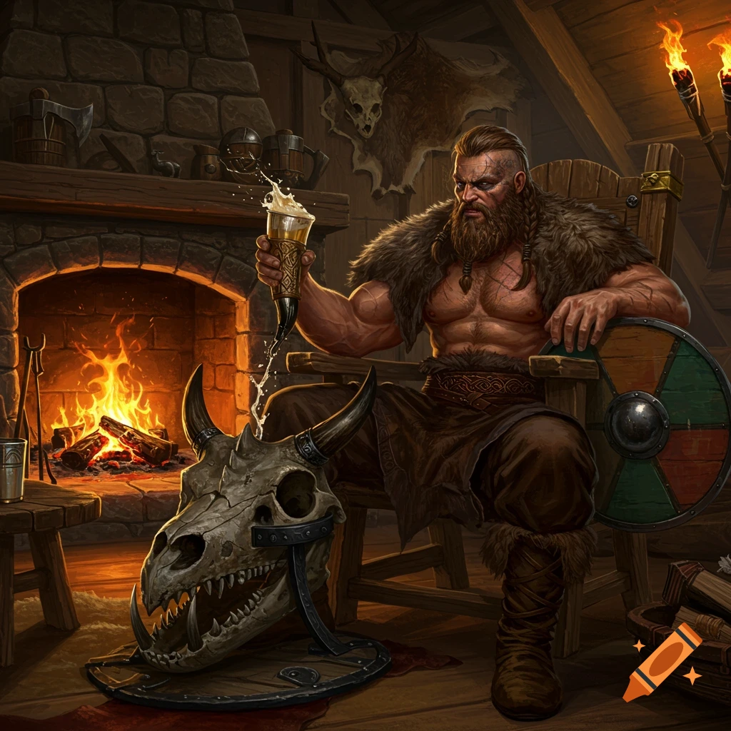 A muscular Viking-like man with a beard sits by a fireplace, pouring liquid from a horn into a horned skull in a fantasy illustration.