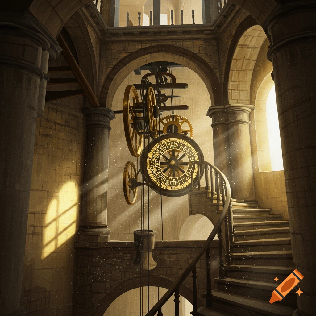 An intricate, golden clockwork mechanism with symbols inside an old stone tower with a spiral staircase, bathed in golden light.
