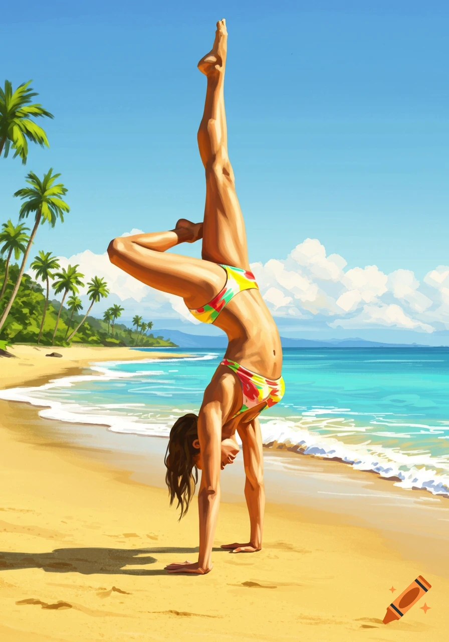 Illustration of a woman in a colorful bikini doing a handstand on a tropical beach with palm trees and blue ocean.