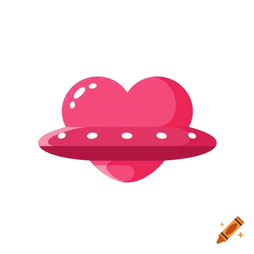 A bright pink heart-shaped UFO in a flat design style on a white background.