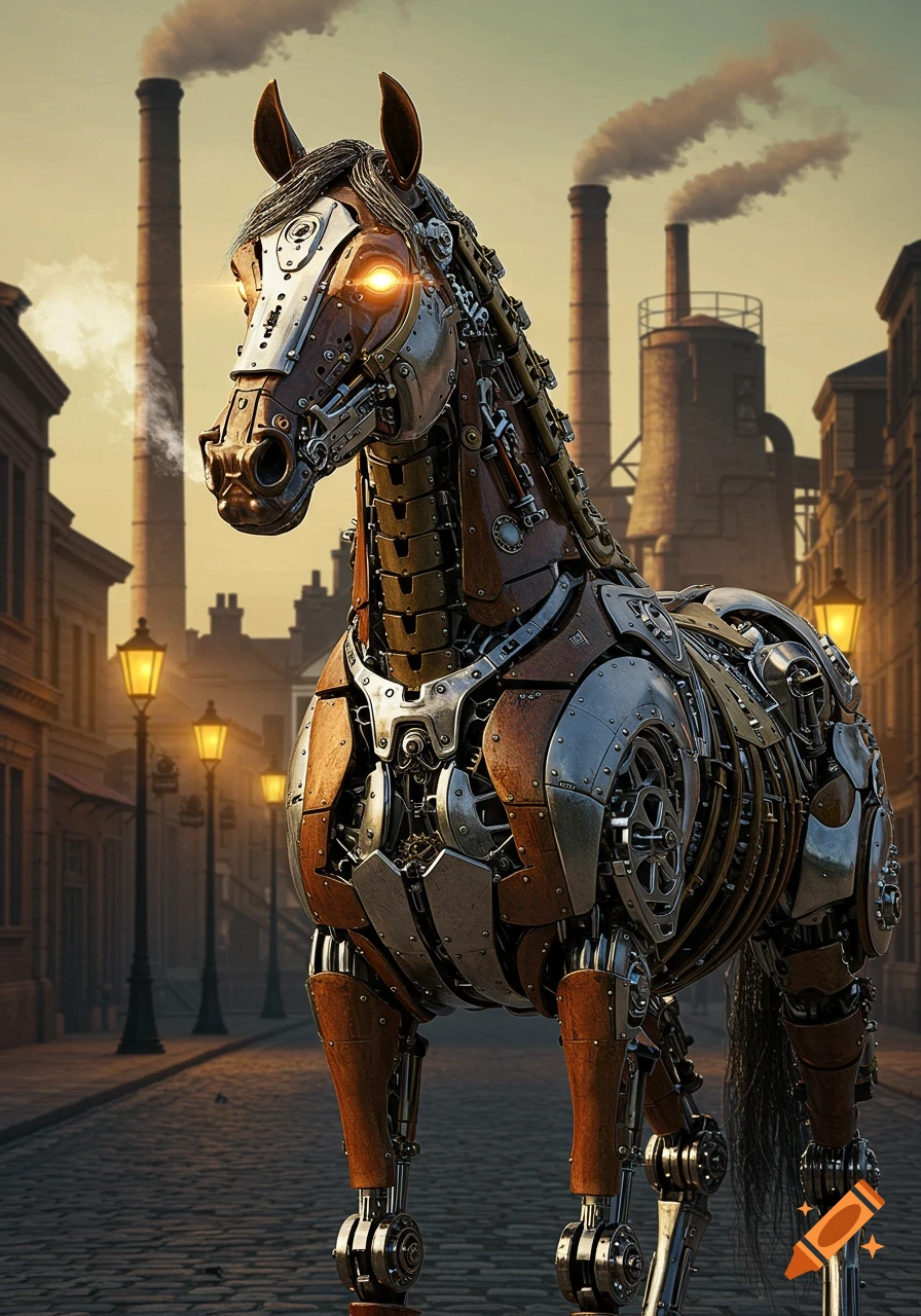 A detailed steampunk mechanical horse with glowing eyes stands on a cobblestone street with gas lamps and smoking factory chimneys at sunset.