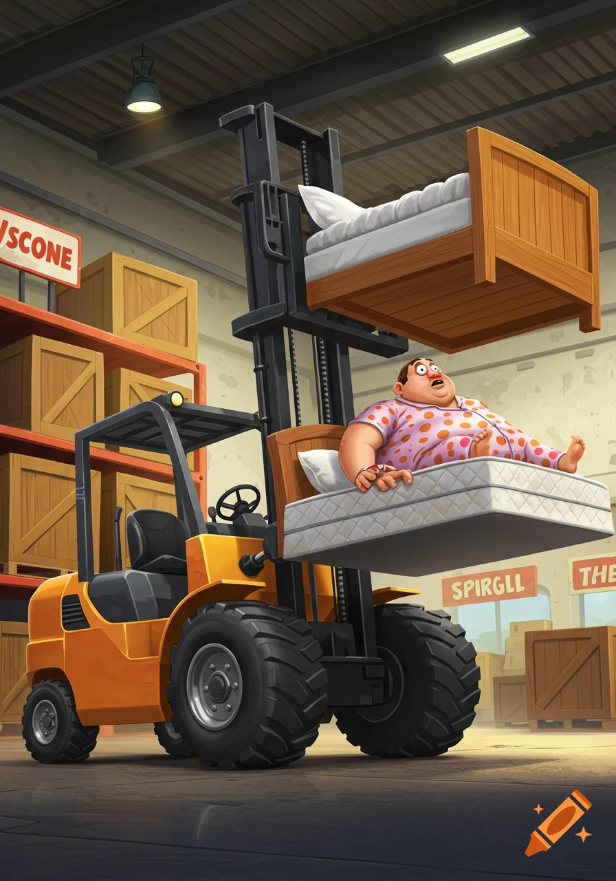A cartoon forklift lifts a bed with a surprised, obese man in pajamas lying on it, inside a warehouse.