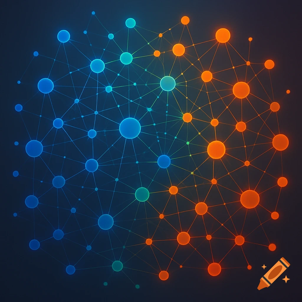 Abstract glowing network with blue, green, and orange interconnected nodes on a dark background.