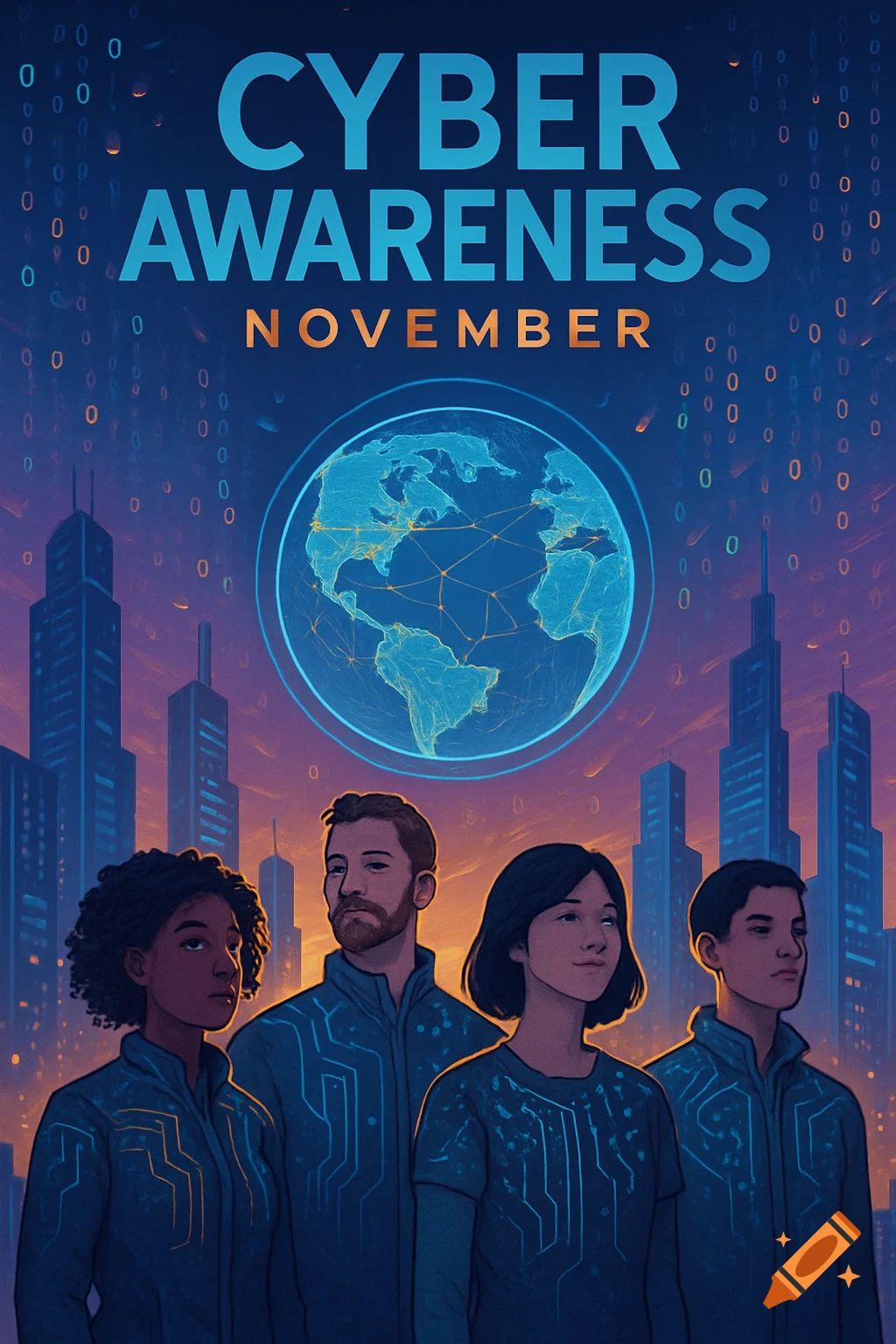 A poster for "Cyber Awareness November" featuring four diverse people, a glowing globe network, and city skyscrapers at sunset.