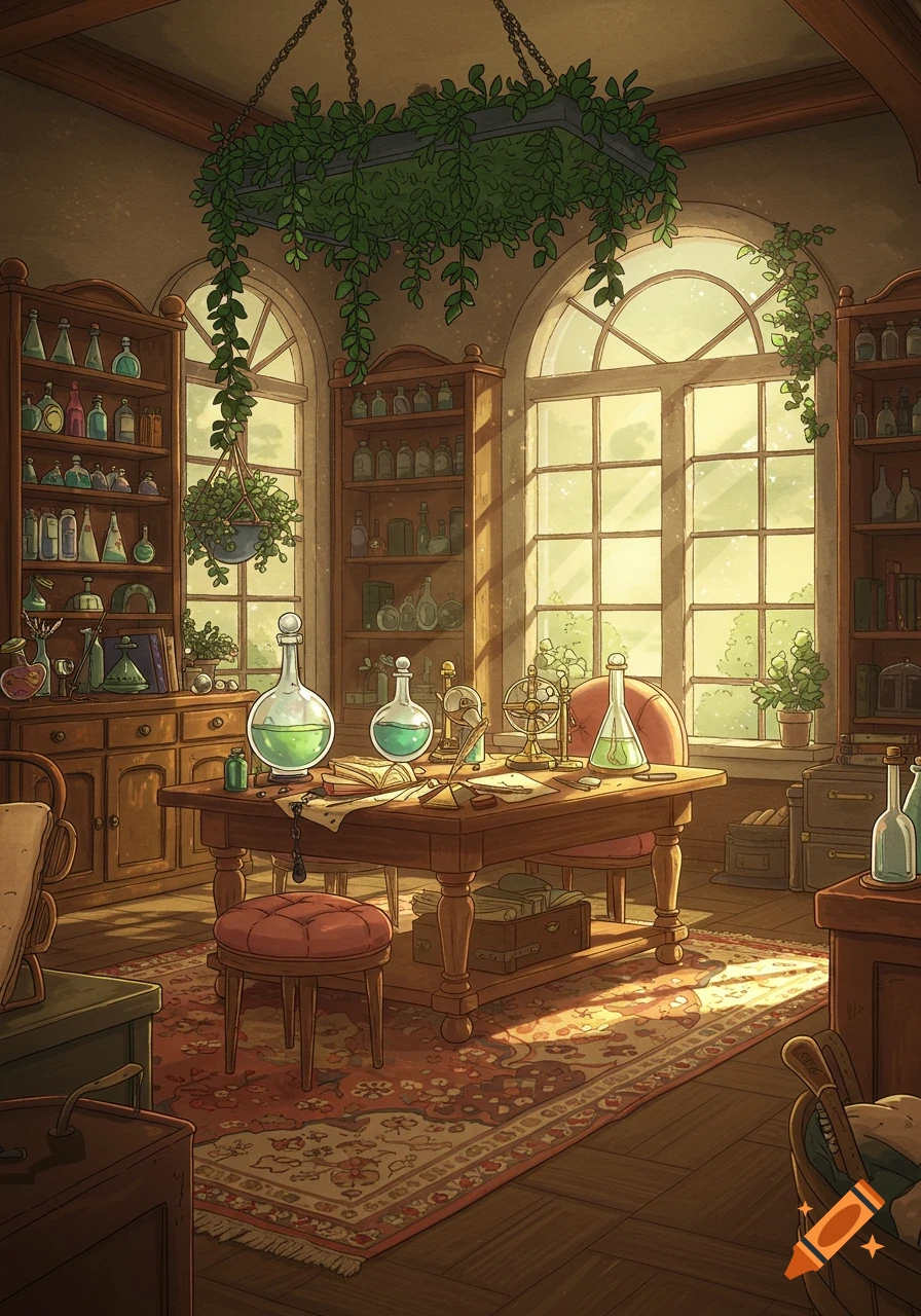 A cozy Studio Ghibli style laboratory filled with flasks, bottles, books, and plants, bathed in sunlight from large arched windows.