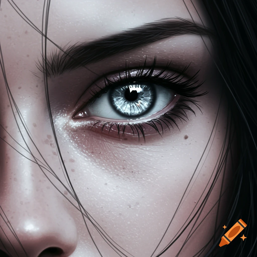 Detailed digital art close-up of an intense blue-grey eye of a woman with dark hair.