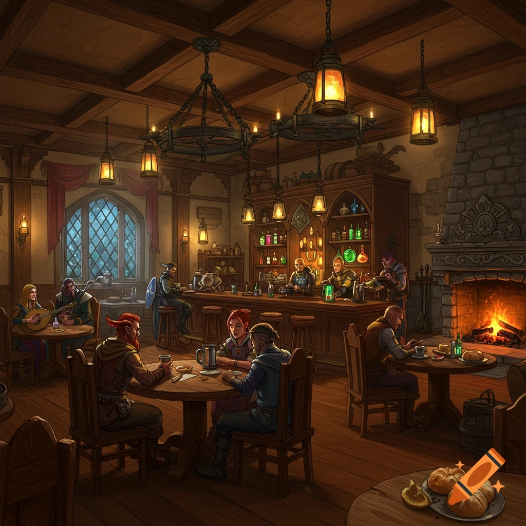 A cozy, detailed illustration of a fantasy tavern with patrons drinking and socializing, a bard playing, and a fireplace warming the room.