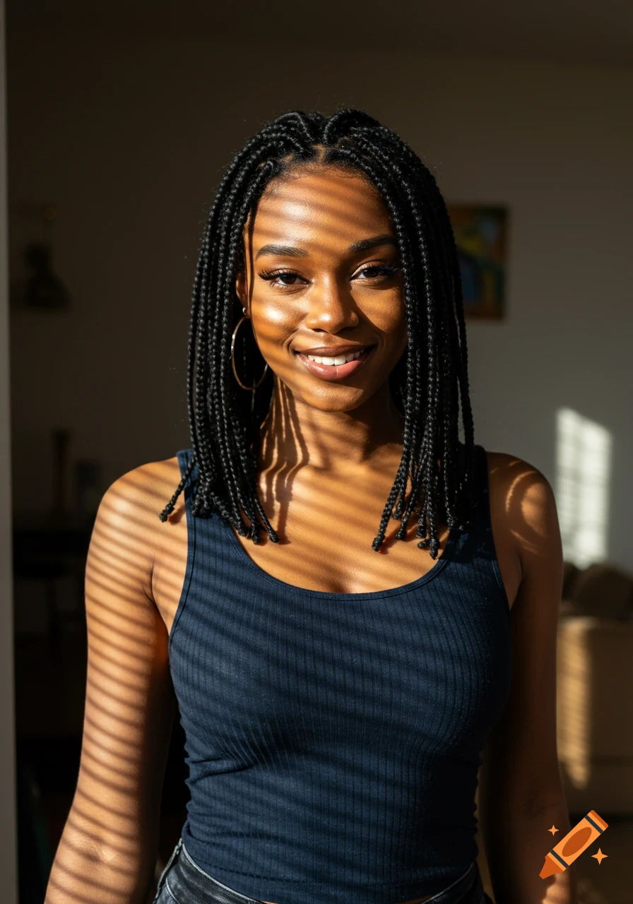 Smiling young Black woman with box braids and hoop earrings ...