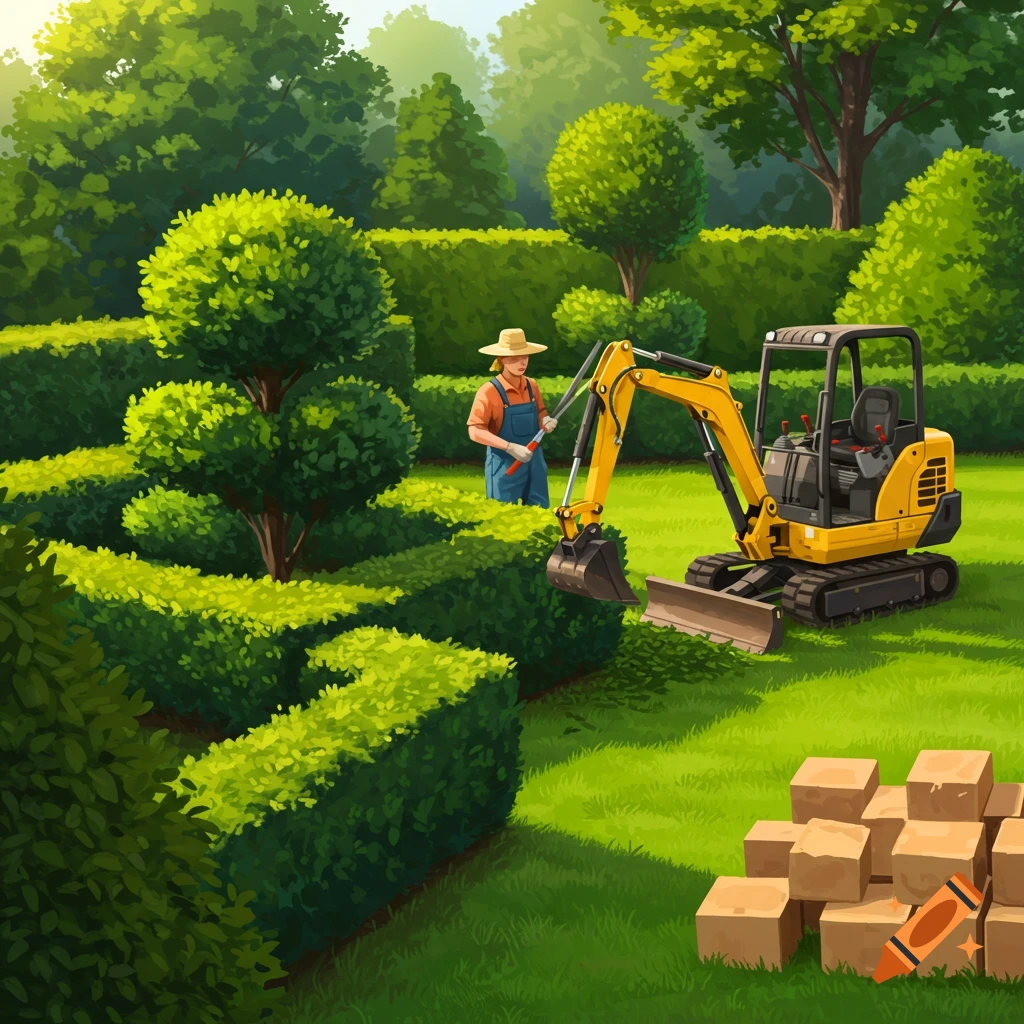 Illustration of a gardener trimming hedges in a green garden, with a yellow excavator and brown blocks.