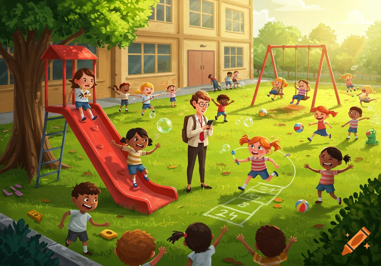 Vibrant cartoon image of a busy school playground with children playing on a slide and swings, a teacher on their phone, and a hopscotch game.