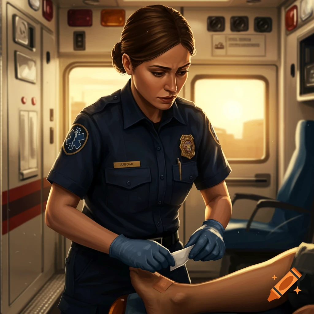 A photorealistic image of a paramedic in an ambulance, wearing gloves, applying a bandage to a person's leg.