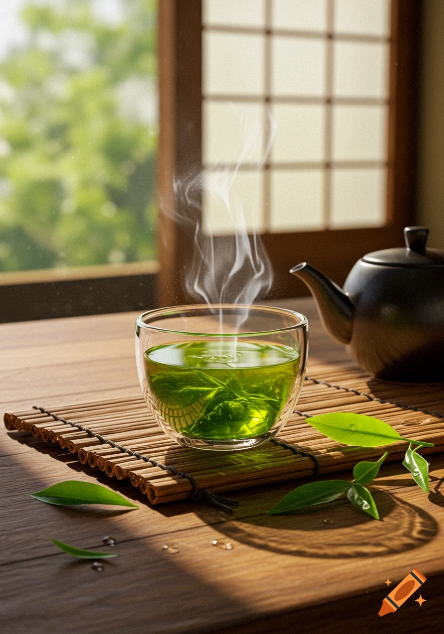 Steaming cup of green tea on a bamboo mat with fresh leaves, next to a black teapot, in a sunlit room with a Japanese window. Photorealistic.